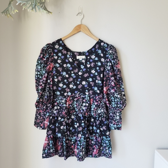 Long Sleeve Floral Chiffon Tiered Ruffle Dress - Picture 3 of 11